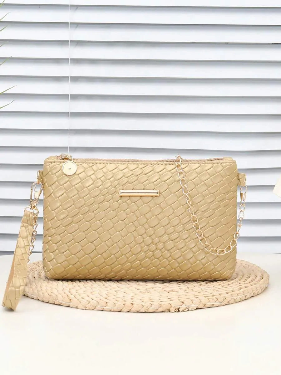 Women's Mini Solid Color PU Wavy Textured Shoulder Handbag With Chain Strap Elegant Crossbody Purse Casual Daily Small Fashion Bag