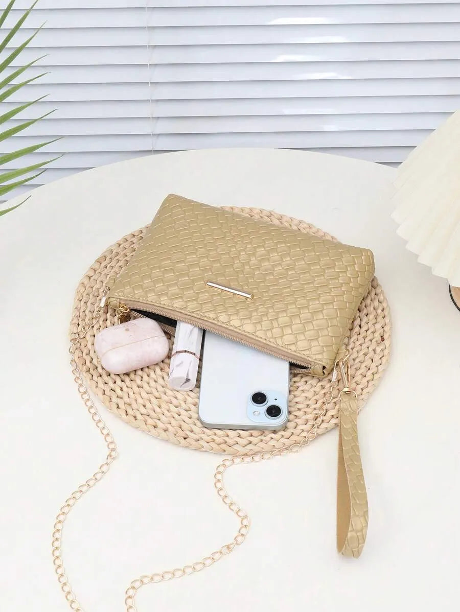 Women's Mini Solid Color PU Wavy Textured Shoulder Handbag With Chain Strap Elegant Crossbody Purse Casual Daily Small Fashion Bag