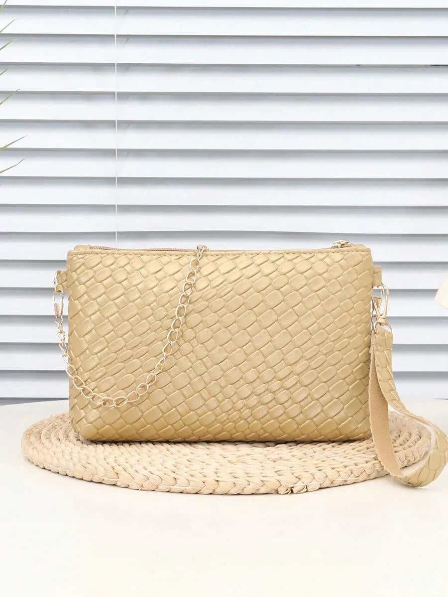 Women's Mini Solid Color PU Wavy Textured Shoulder Handbag With Chain Strap Elegant Crossbody Purse Casual Daily Small Fashion Bag