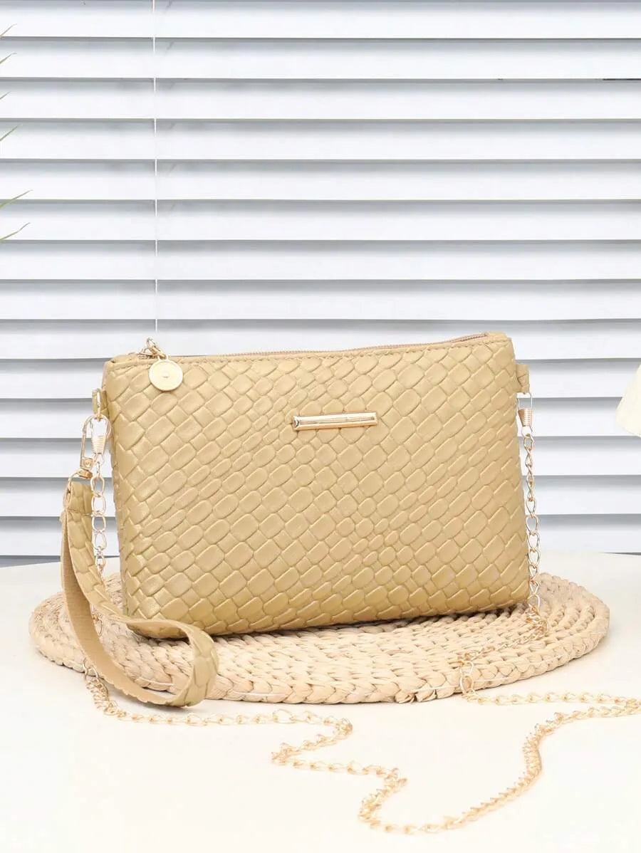 Women's Mini Solid Color PU Wavy Textured Shoulder Handbag With Chain Strap Elegant Crossbody Purse Casual Daily Small Fashion Bag