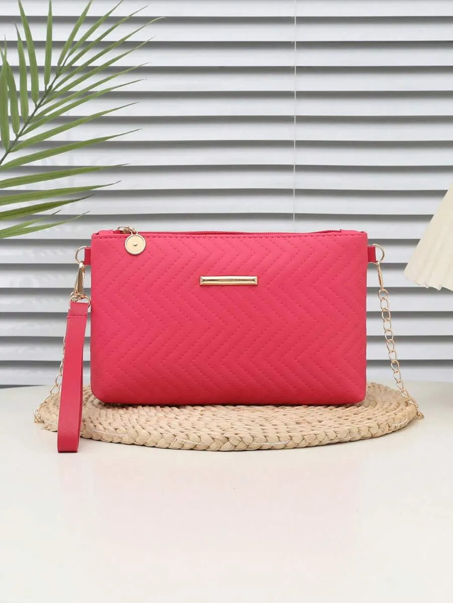 Women's Mini Solid Color PU Wavy Textured Shoulder Handbag With Chain Strap Elegant Crossbody Purse Casual Daily Small Fashion Bag