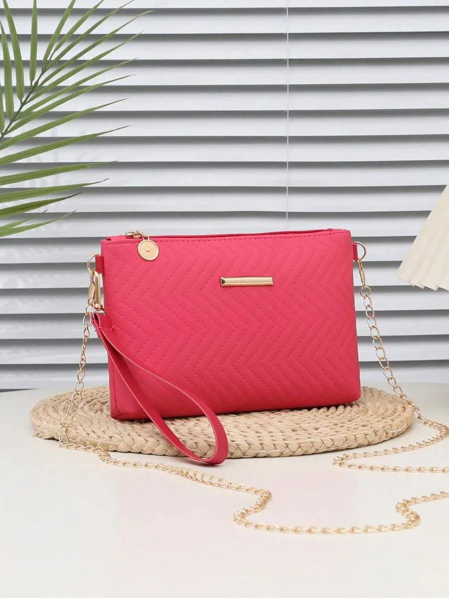 Women's Mini Solid Color PU Wavy Textured Shoulder Handbag With Chain Strap Elegant Crossbody Purse Casual Daily Small Fashion Bag