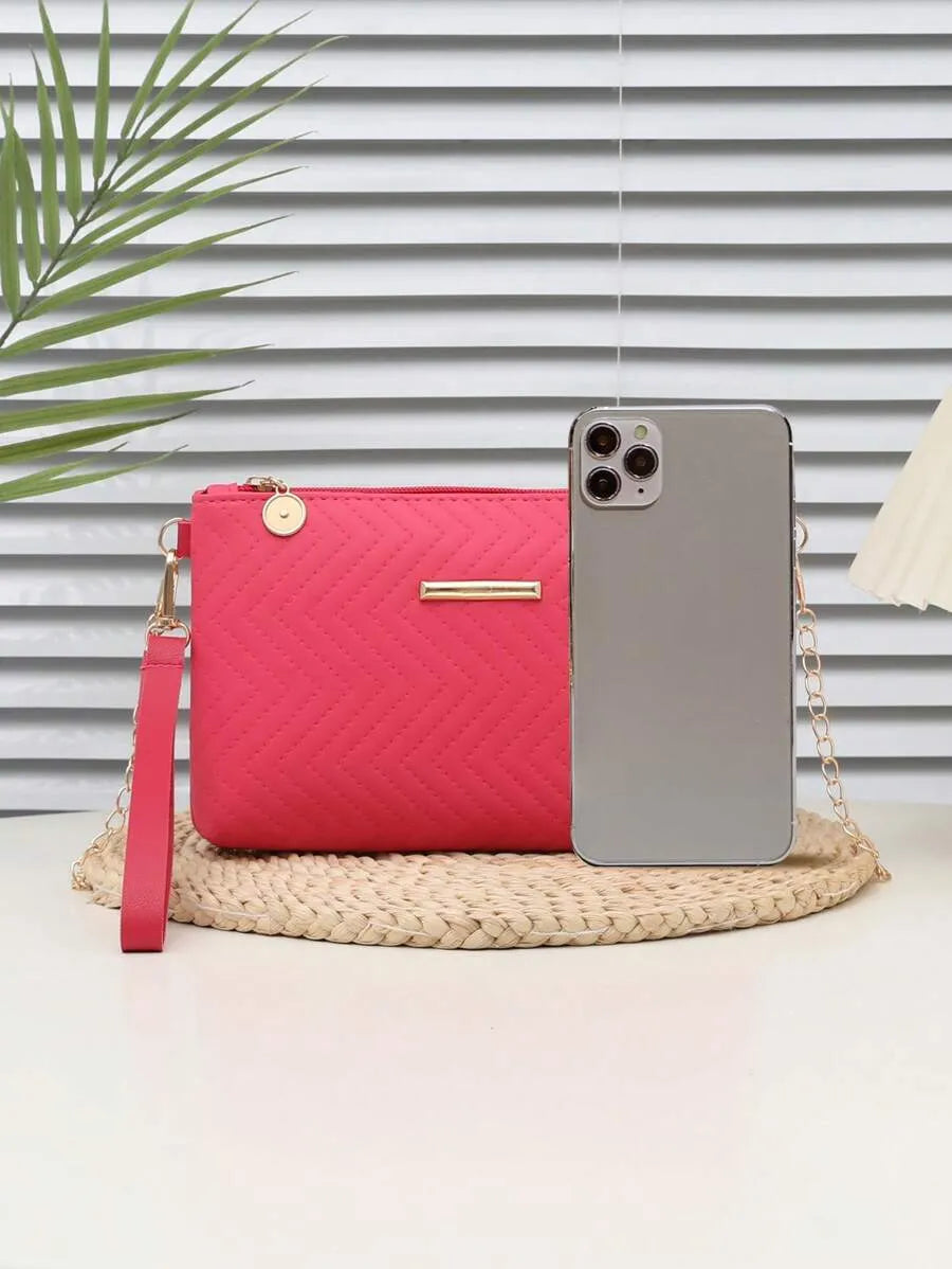 Women's Mini Solid Color PU Wavy Textured Shoulder Handbag With Chain Strap Elegant Crossbody Purse Casual Daily Small Fashion Bag