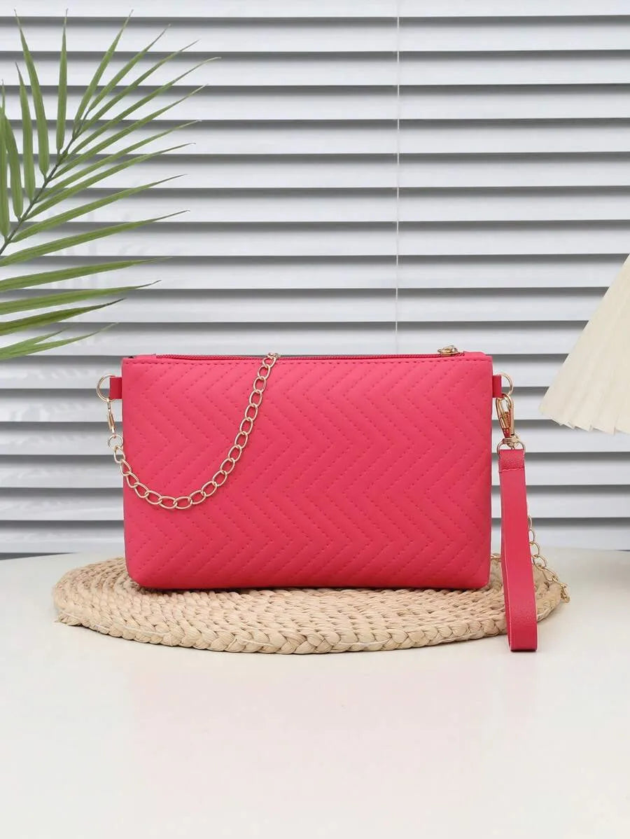 Women's Mini Solid Color PU Wavy Textured Shoulder Handbag With Chain Strap Elegant Crossbody Purse Casual Daily Small Fashion Bag