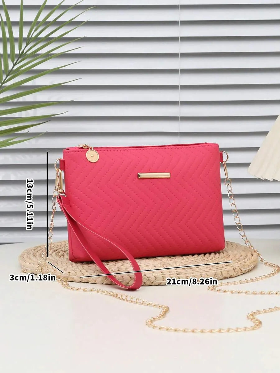 Women's Mini Solid Color PU Wavy Textured Shoulder Handbag With Chain Strap Elegant Crossbody Purse Casual Daily Small Fashion Bag