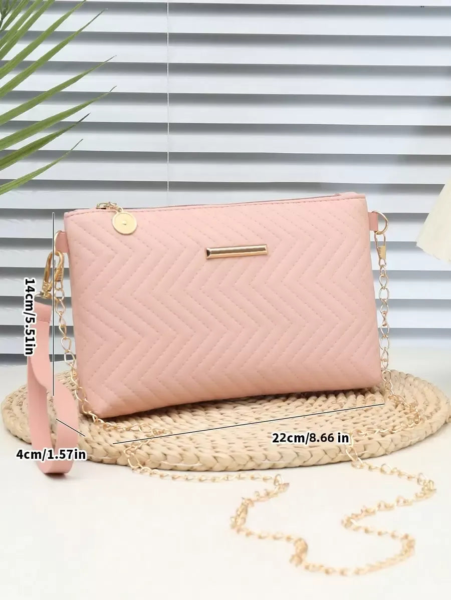 Women's Mini Solid Color PU Wavy Textured Shoulder Handbag With Chain Strap Elegant Crossbody Purse Casual Daily Small Fashion Bag