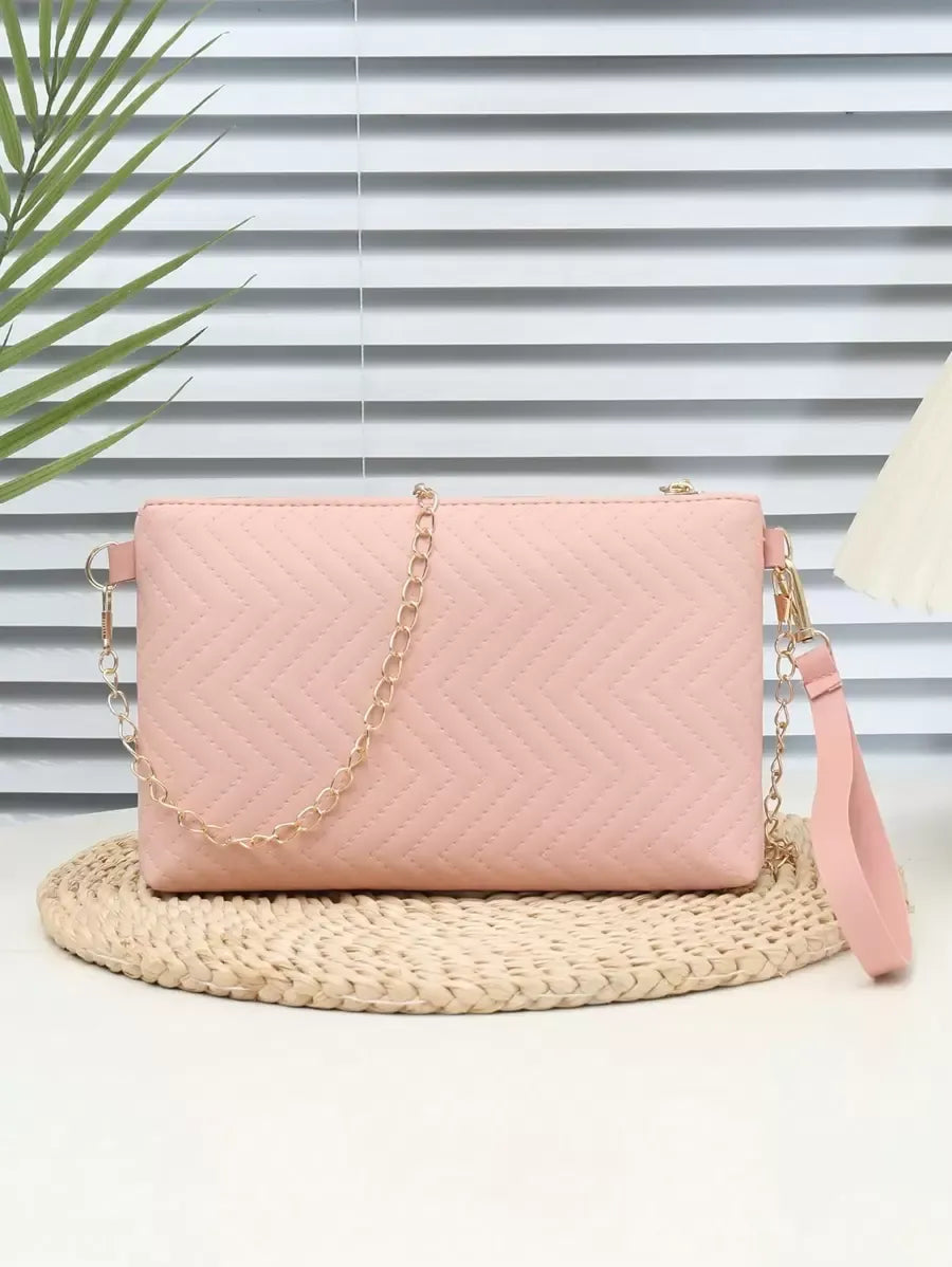 Women's Mini Solid Color PU Wavy Textured Shoulder Handbag With Chain Strap Elegant Crossbody Purse Casual Daily Small Fashion Bag