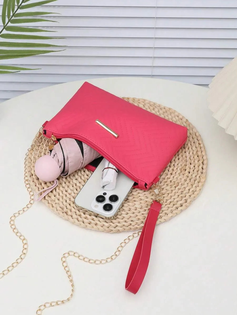 Women's Mini Solid Color PU Wavy Textured Shoulder Handbag With Chain Strap Elegant Crossbody Purse Casual Daily Small Fashion Bag