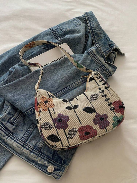 Women's Solid Color Floral Print Shoulder Bag Casual Minimalist Baguette Small Square Purse Fashion Versatile Handbag For Daily Use
