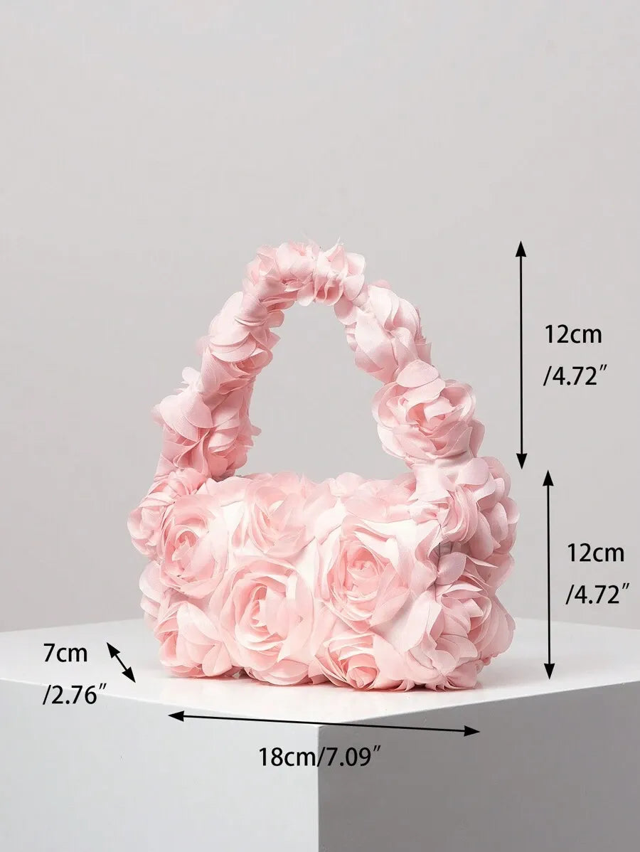 Women's Elegant 3D Rose Flower Tote Bag Evening Party Handbag Wedding Purse Bride Bridesmaid Banquet Birthday Gift Bag Romantic Dress Match