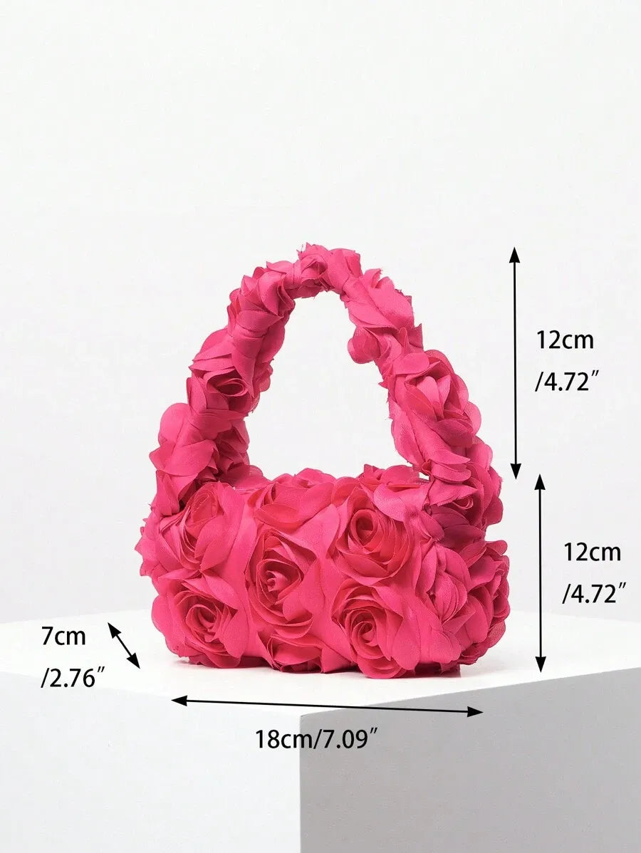 Women's Elegant 3D Rose Flower Tote Bag Evening Party Handbag Wedding Purse Bride Bridesmaid Banquet Birthday Gift Bag Romantic Dress Match
