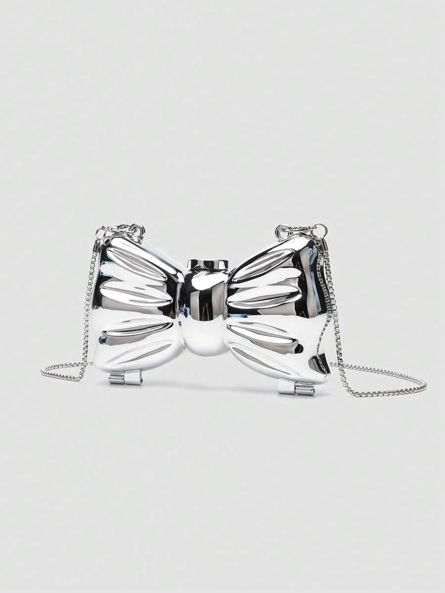 Women's Mini Metallic Acrylic Bowknot Clutch Bag With Chain Multifunction Cosmetic Jewelry Storage Purse Party Wedding Crossbody Coin Bag