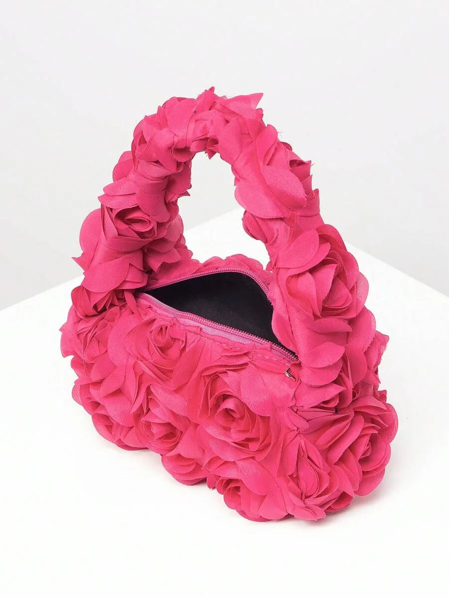 Women's Elegant 3D Rose Flower Tote Bag Evening Party Handbag Wedding Purse Bride Bridesmaid Banquet Birthday Gift Bag Romantic Dress Match