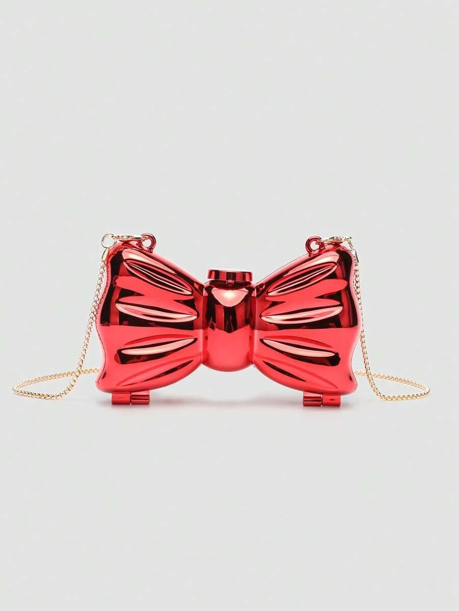 Women's Mini Metallic Acrylic Bowknot Clutch Bag With Chain Multifunction Cosmetic Jewelry Storage Purse Party Wedding Crossbody Coin Bag