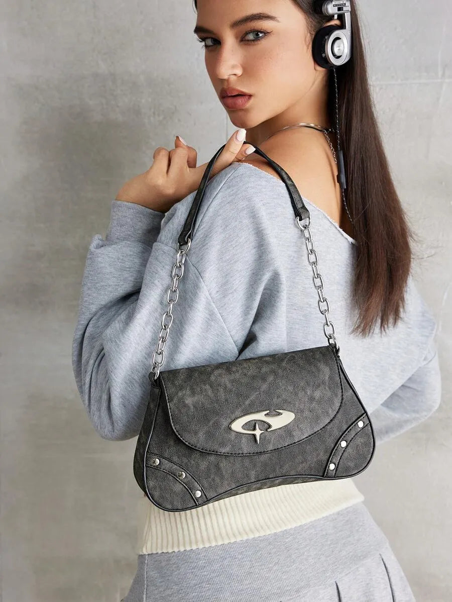 Women's Shoulder Hobo Bag With Metal Chain Strap Retro Y2K Vintage Fashion Icon Style Versatile Casual Street Crossbody Purse For Women