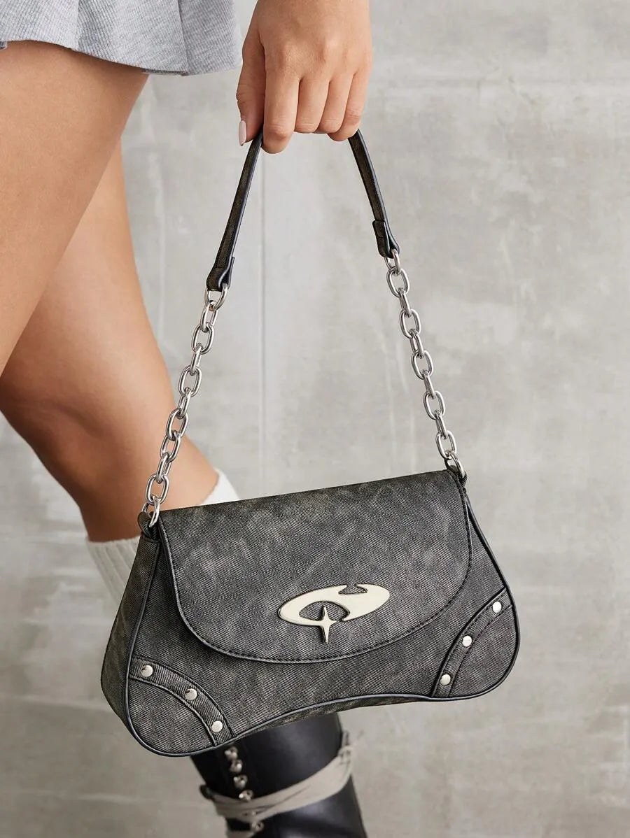 Women's Shoulder Hobo Bag With Metal Chain Strap Retro Y2K Vintage Fashion Icon Style Versatile Casual Street Crossbody Purse For Women