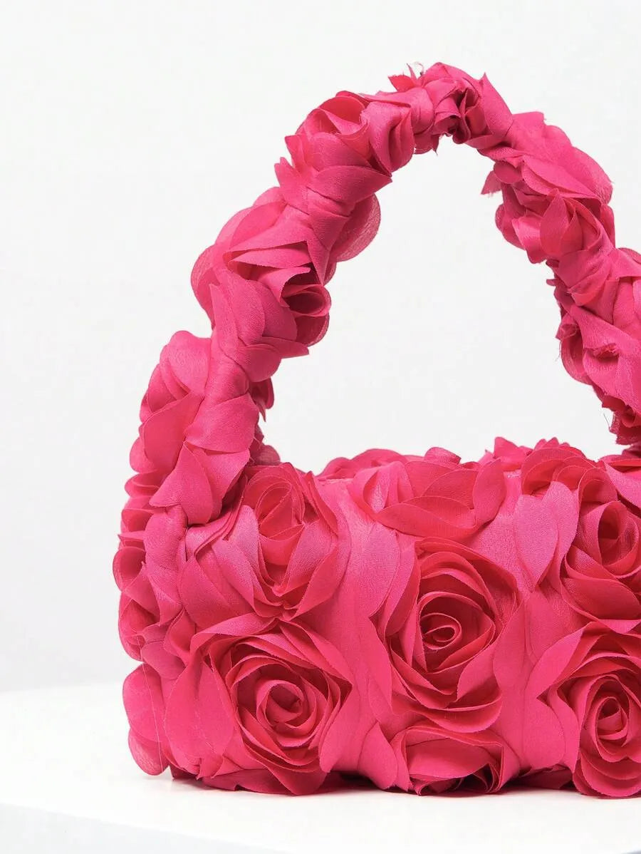 Women's Elegant 3D Rose Flower Tote Bag Evening Party Handbag Wedding Purse Bride Bridesmaid Banquet Birthday Gift Bag Romantic Dress Match