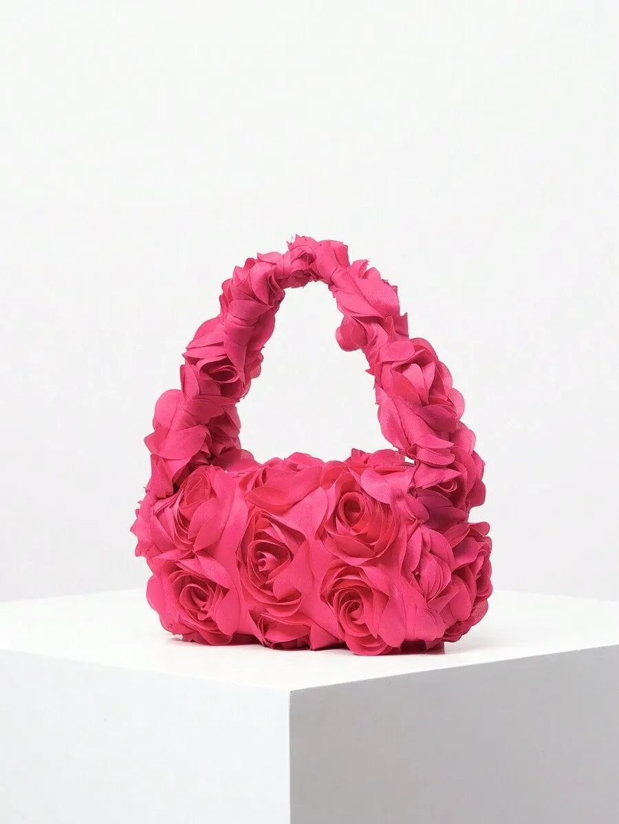 Women's Elegant 3D Rose Flower Tote Bag Evening Party Handbag Wedding Purse Bride Bridesmaid Banquet Birthday Gift Bag Romantic Dress Match