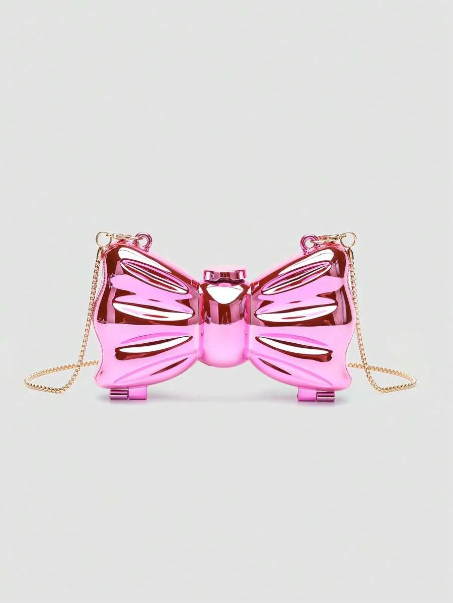 Women's Mini Metallic Acrylic Bowknot Clutch Bag With Chain Multifunction Cosmetic Jewelry Storage Purse Party Wedding Crossbody Coin Bag