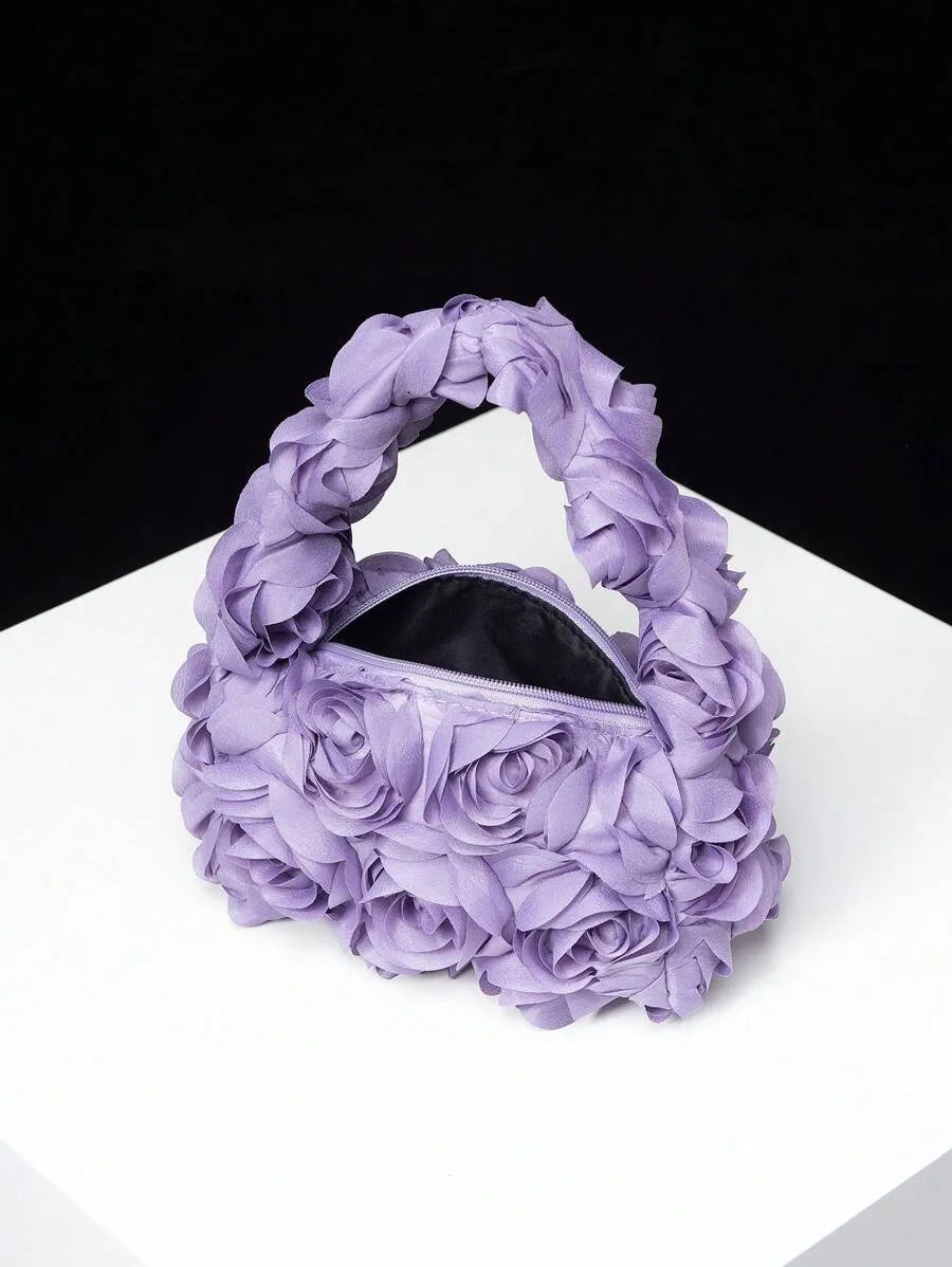 Women's Elegant 3D Rose Flower Tote Bag Evening Party Handbag Wedding Purse Bride Bridesmaid Banquet Birthday Gift Bag Romantic Dress Match