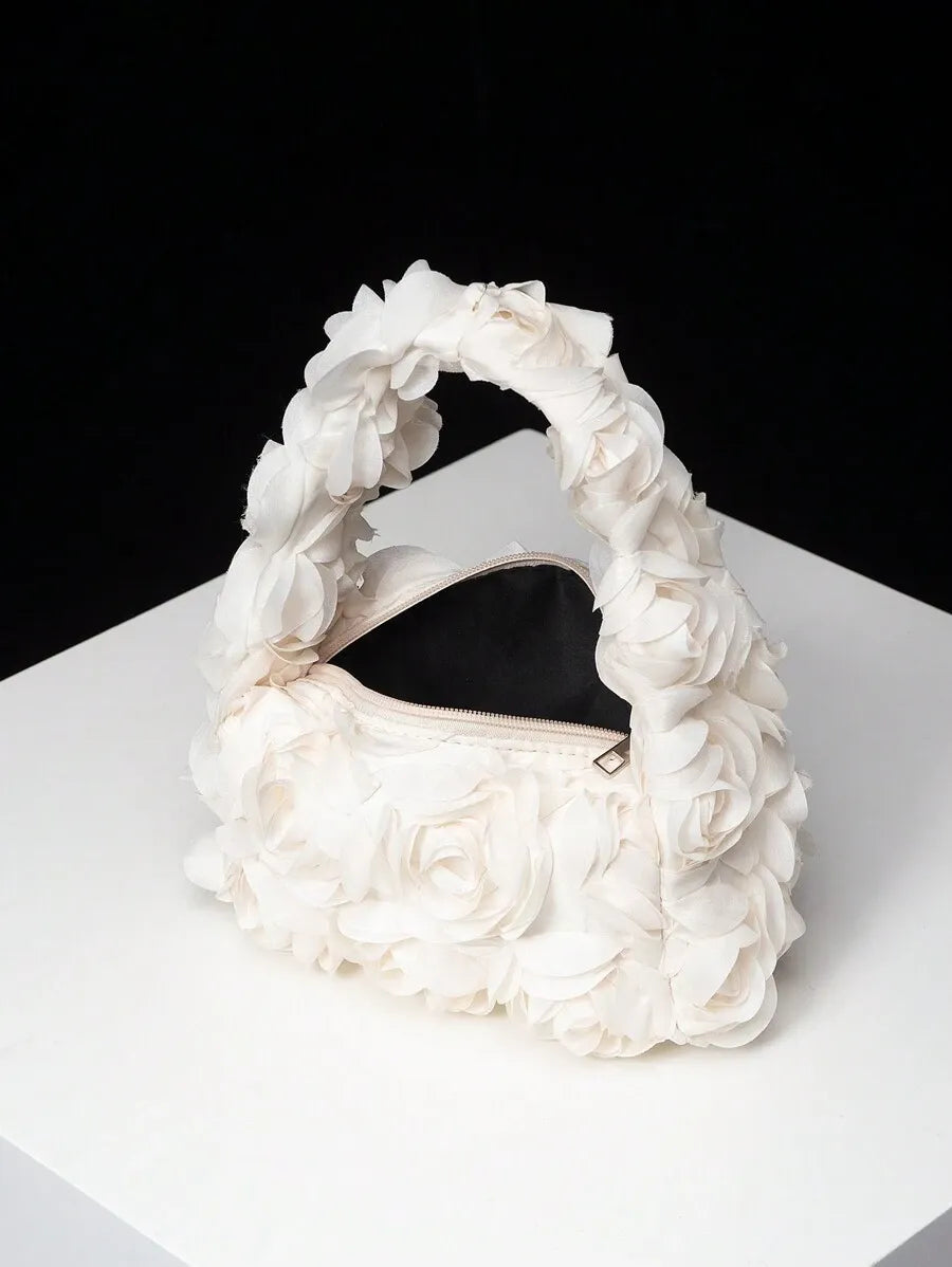 Women's Elegant 3D Rose Flower Tote Bag Evening Party Handbag Wedding Purse Bride Bridesmaid Banquet Birthday Gift Bag Romantic Dress Match