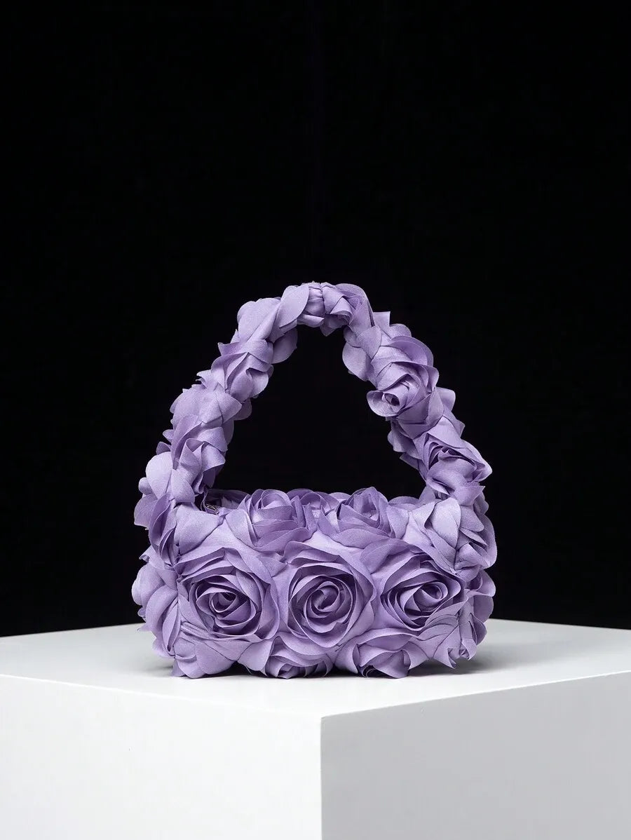 Women's Elegant 3D Rose Flower Tote Bag Evening Party Handbag Wedding Purse Bride Bridesmaid Banquet Birthday Gift Bag Romantic Dress Match