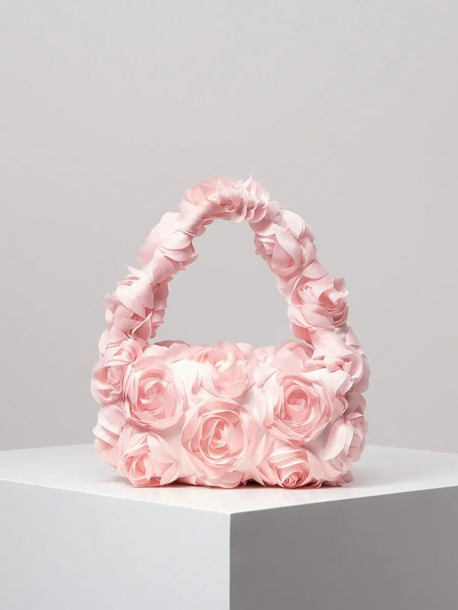 Women's Elegant 3D Rose Flower Tote Bag Evening Party Handbag Wedding Purse Bride Bridesmaid Banquet Birthday Gift Bag Romantic Dress Match