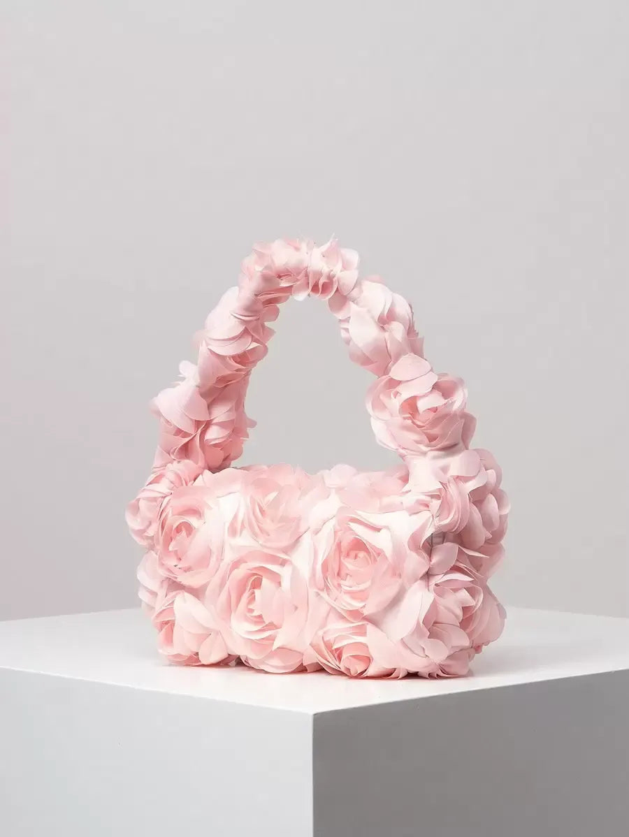 Women's Elegant 3D Rose Flower Tote Bag Evening Party Handbag Wedding Purse Bride Bridesmaid Banquet Birthday Gift Bag Romantic Dress Match