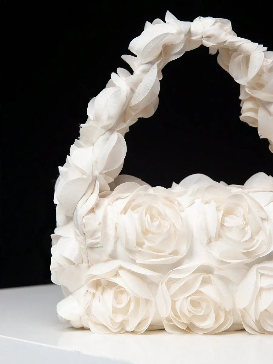 Women's Elegant 3D Rose Flower Tote Bag Evening Party Handbag Wedding Purse Bride Bridesmaid Banquet Birthday Gift Bag Romantic Dress Match