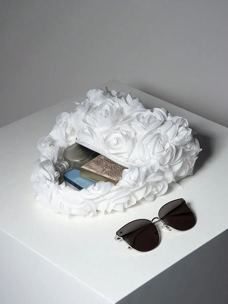 Women's Elegant 3D Rose Flower Tote Bag Evening Party Handbag Wedding Purse Bride Bridesmaid Banquet Birthday Gift Bag Romantic Dress Match