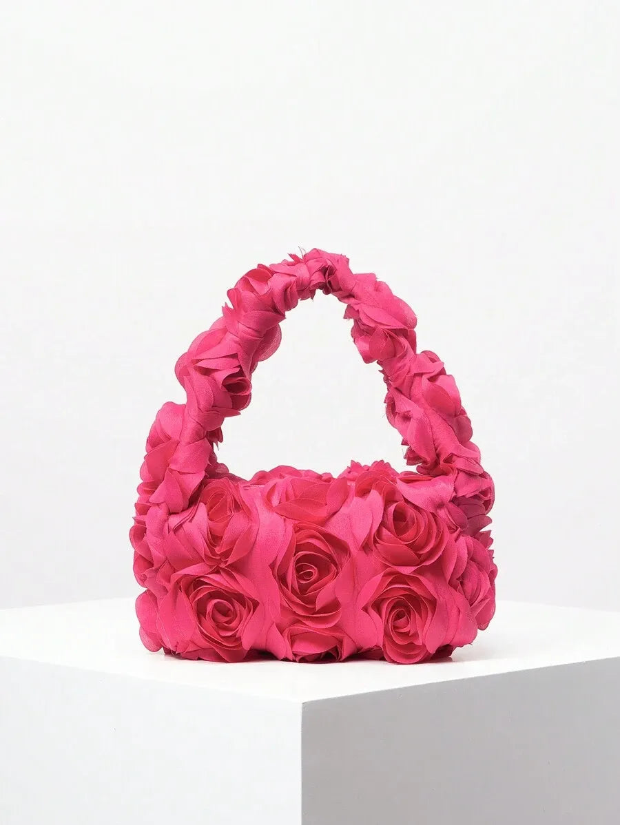 Women's Elegant 3D Rose Flower Tote Bag Evening Party Handbag Wedding Purse Bride Bridesmaid Banquet Birthday Gift Bag Romantic Dress Match