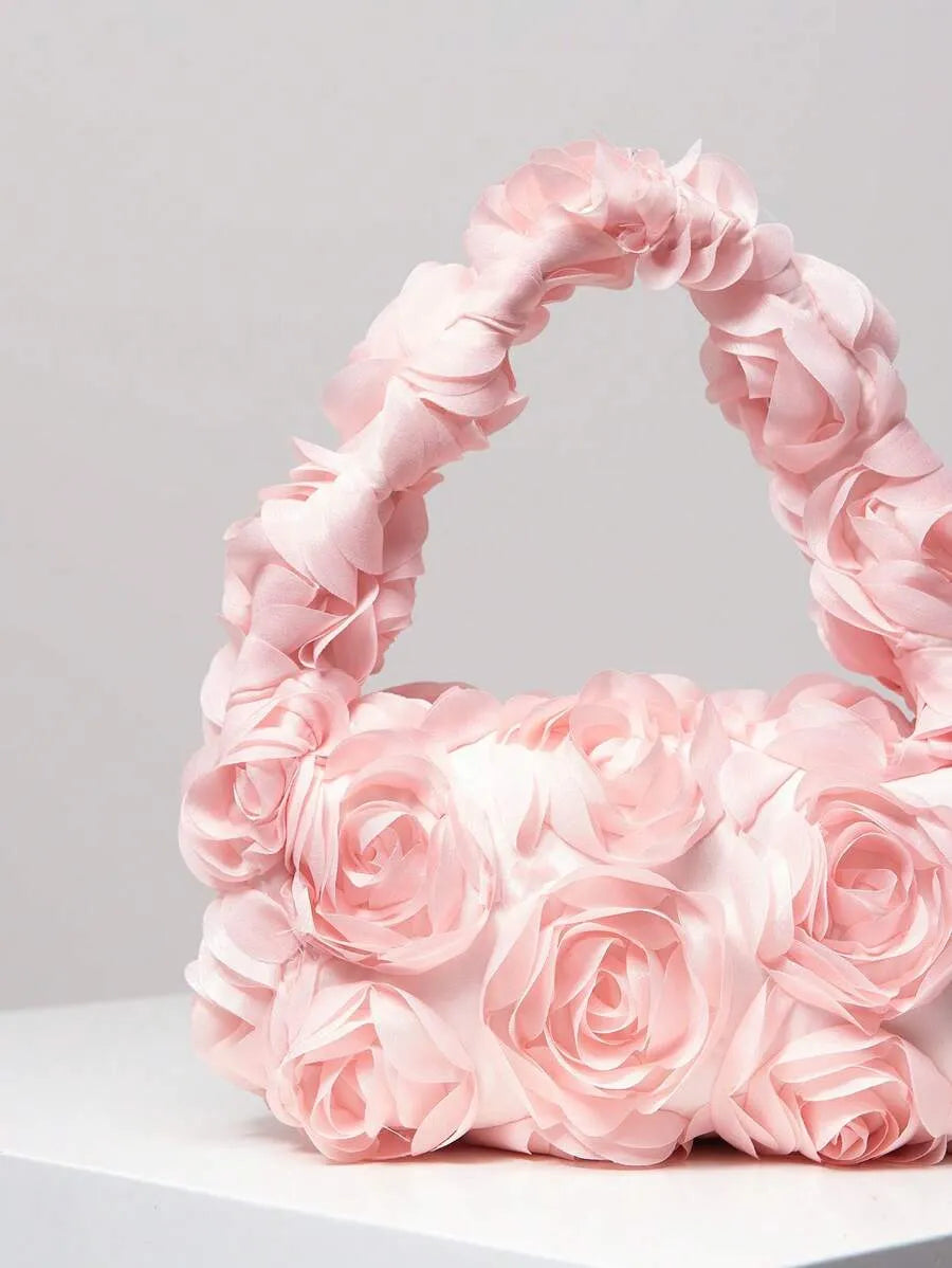 Women's Elegant 3D Rose Flower Tote Bag Evening Party Handbag Wedding Purse Bride Bridesmaid Banquet Birthday Gift Bag Romantic Dress Match