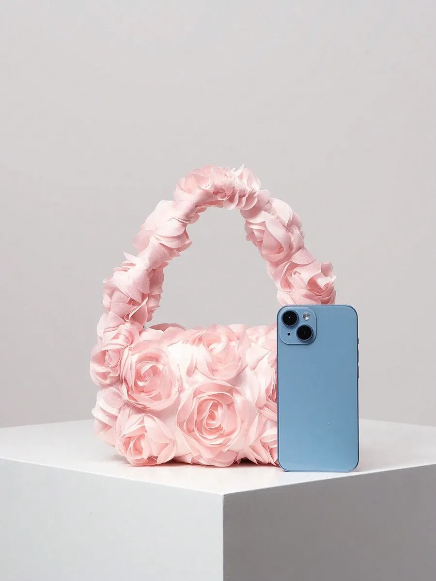 Women's Elegant 3D Rose Flower Tote Bag Evening Party Handbag Wedding Purse Bride Bridesmaid Banquet Birthday Gift Bag Romantic Dress Match