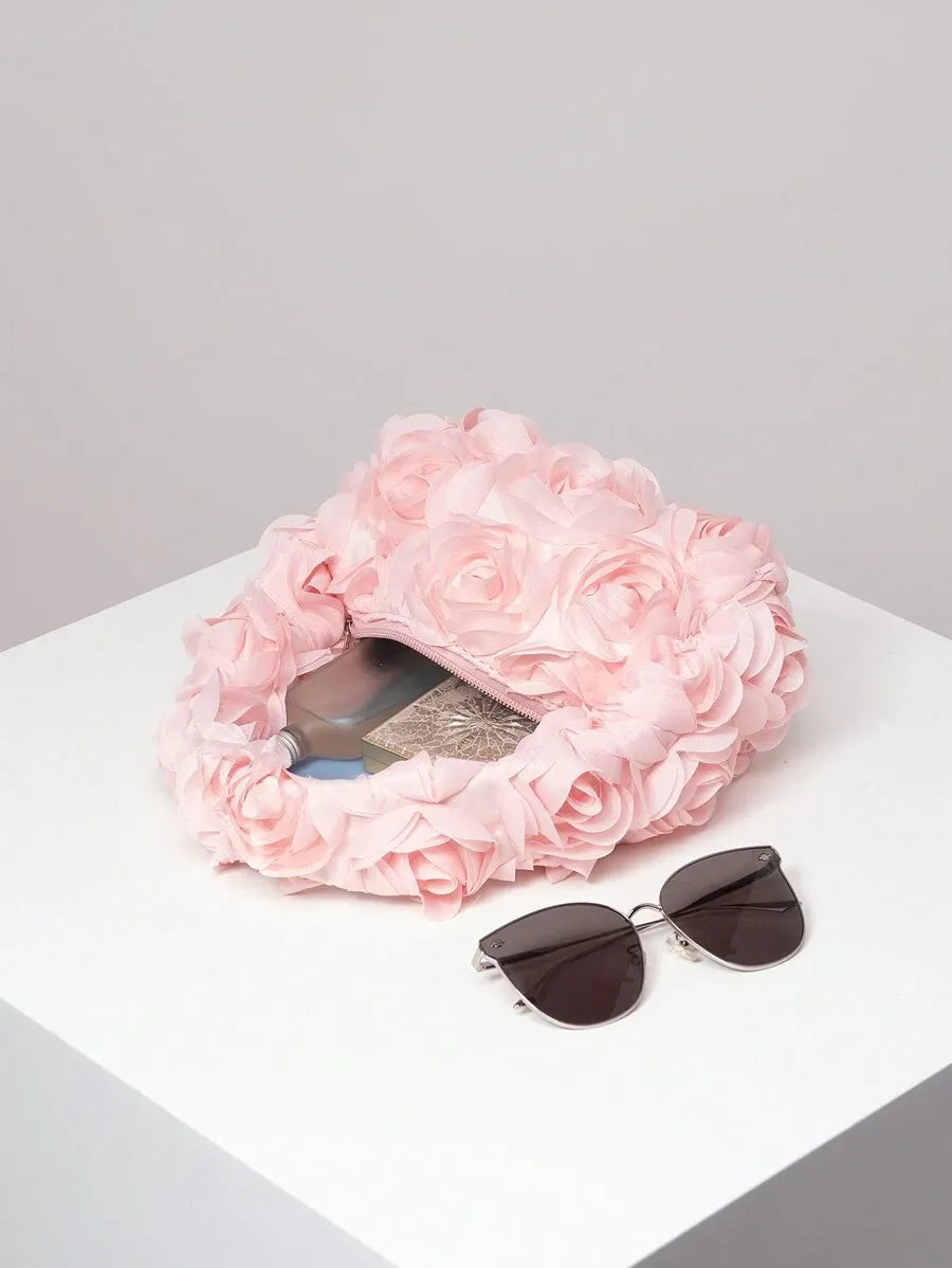 Women's Elegant 3D Rose Flower Tote Bag Evening Party Handbag Wedding Purse Bride Bridesmaid Banquet Birthday Gift Bag Romantic Dress Match