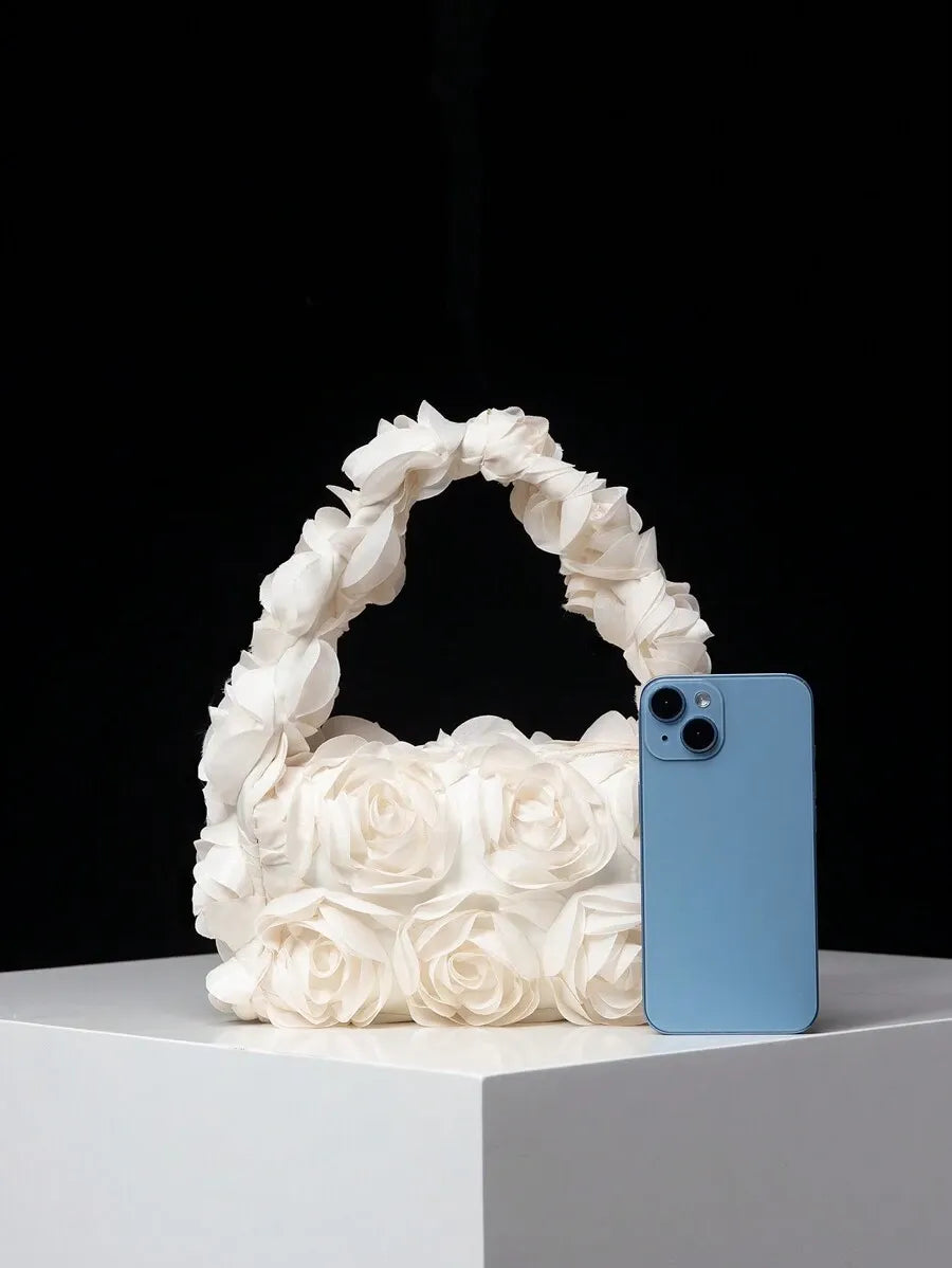 Women's Elegant 3D Rose Flower Tote Bag Evening Party Handbag Wedding Purse Bride Bridesmaid Banquet Birthday Gift Bag Romantic Dress Match