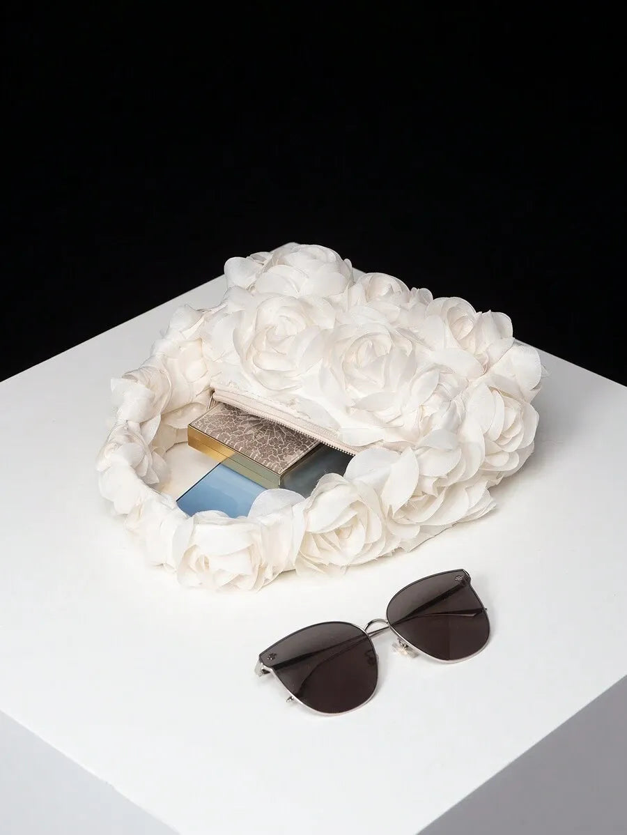 Women's Elegant 3D Rose Flower Tote Bag Evening Party Handbag Wedding Purse Bride Bridesmaid Banquet Birthday Gift Bag Romantic Dress Match