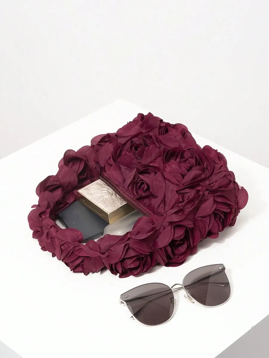 Women's Elegant 3D Rose Flower Tote Bag Evening Party Handbag Wedding Purse Bride Bridesmaid Banquet Birthday Gift Bag Romantic Dress Match