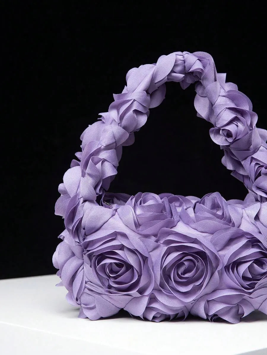 Women's Elegant 3D Rose Flower Tote Bag Evening Party Handbag Wedding Purse Bride Bridesmaid Banquet Birthday Gift Bag Romantic Dress Match
