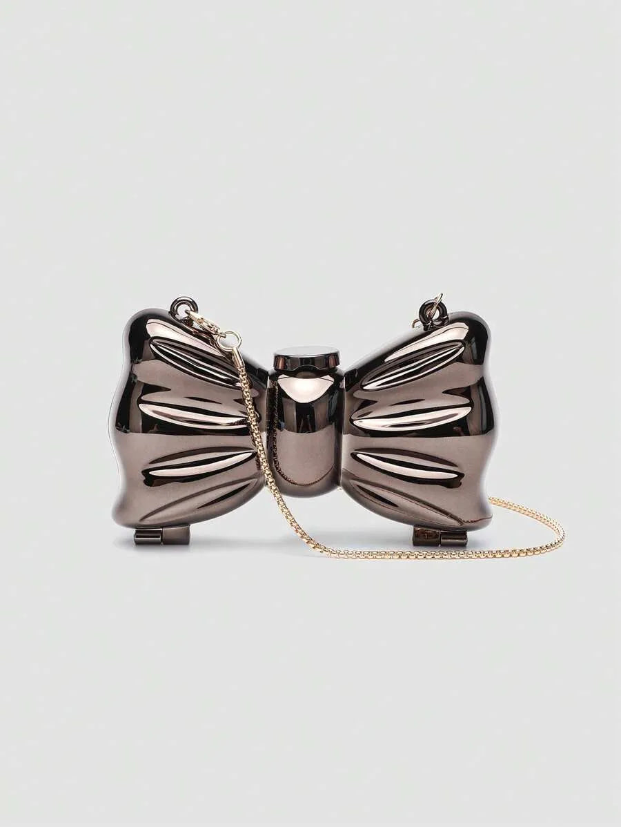 Women's Mini Metallic Acrylic Bowknot Clutch Bag With Chain Multifunction Cosmetic Jewelry Storage Purse Party Wedding Crossbody Coin Bag