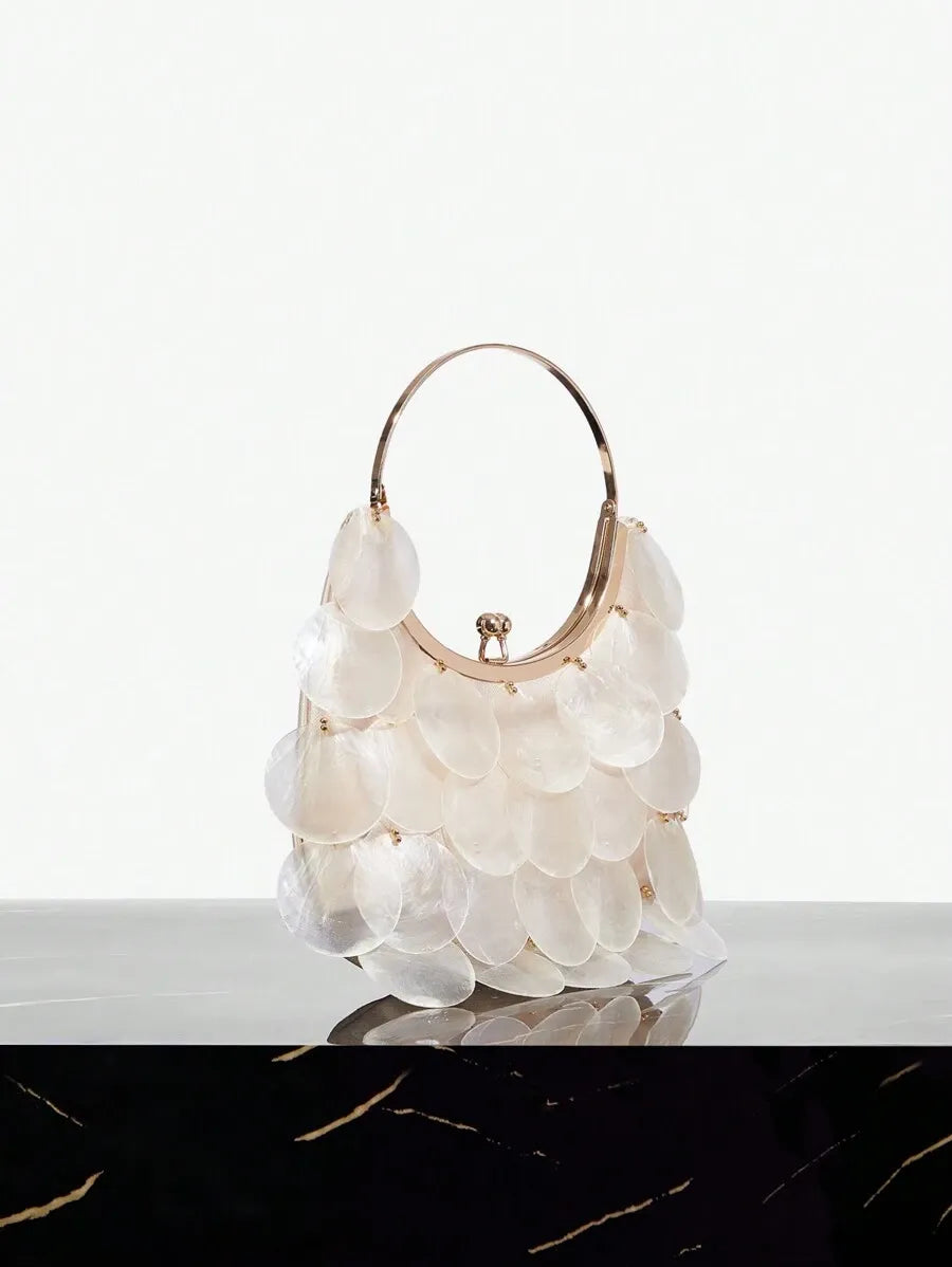 Women's Top Handle Bag With Metal Shell Decor Fashion Elegant Versatile Personalized Shoulder Purse Casual Beach Vacation Holiday Outfit