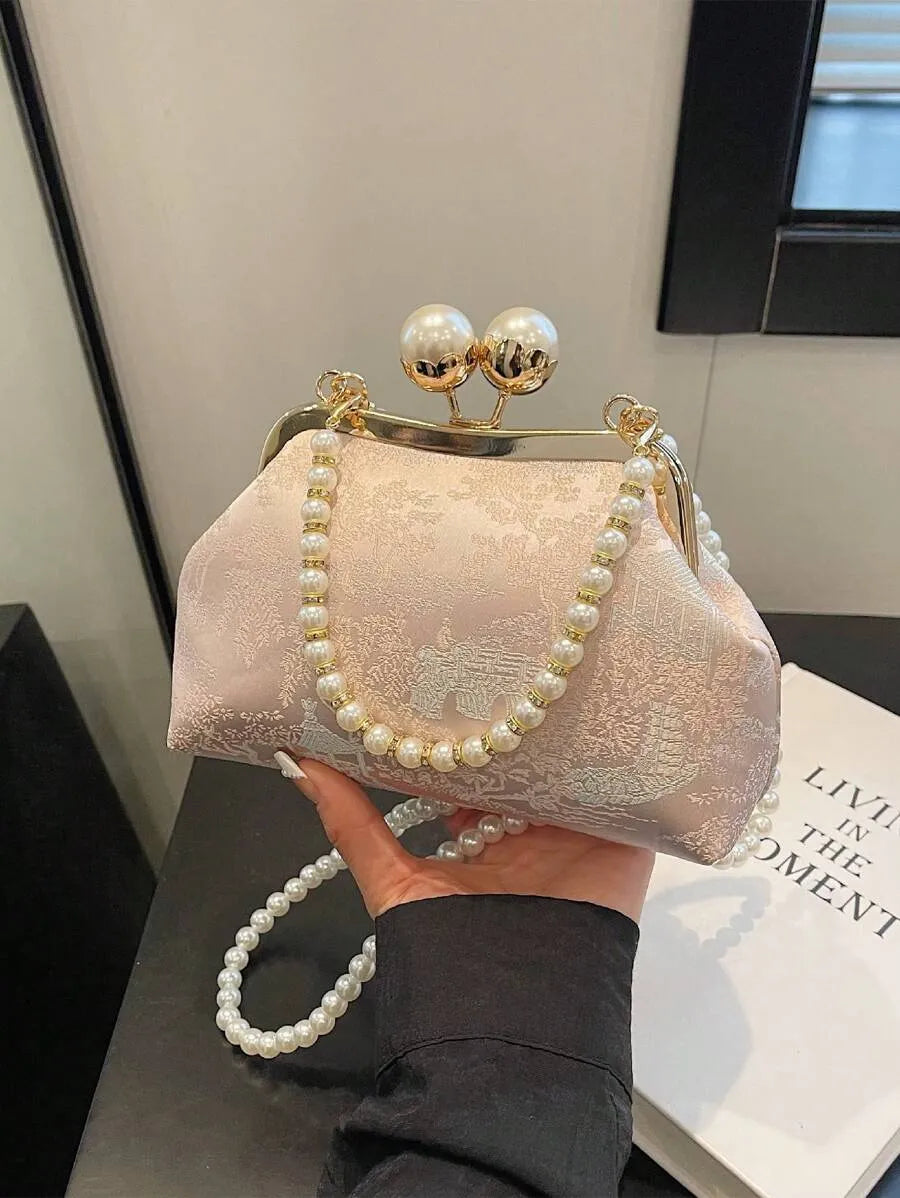 Women's Retro Green Fabric Faux Pearl Chain Clutch Bag Versatile Elegant Shoulder Handbag Party Daily Use Fashion Pearl Purse For Ladies