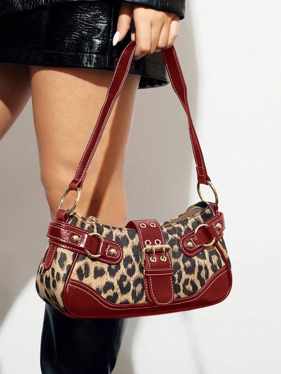 Women's Leopard Print Patchwork PU Shoulder Bag Street Style Fashion Purse Commuter Leopard Handbag Animal Print Outfit Casual Chic Bag