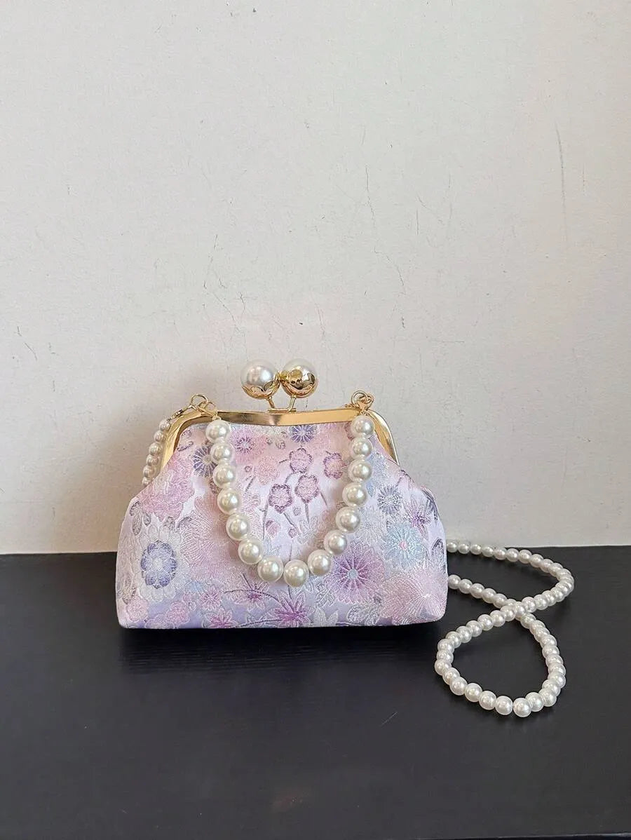 Women's Retro Green Fabric Faux Pearl Chain Clutch Bag Versatile Elegant Shoulder Handbag Party Daily Use Fashion Pearl Purse For Ladies