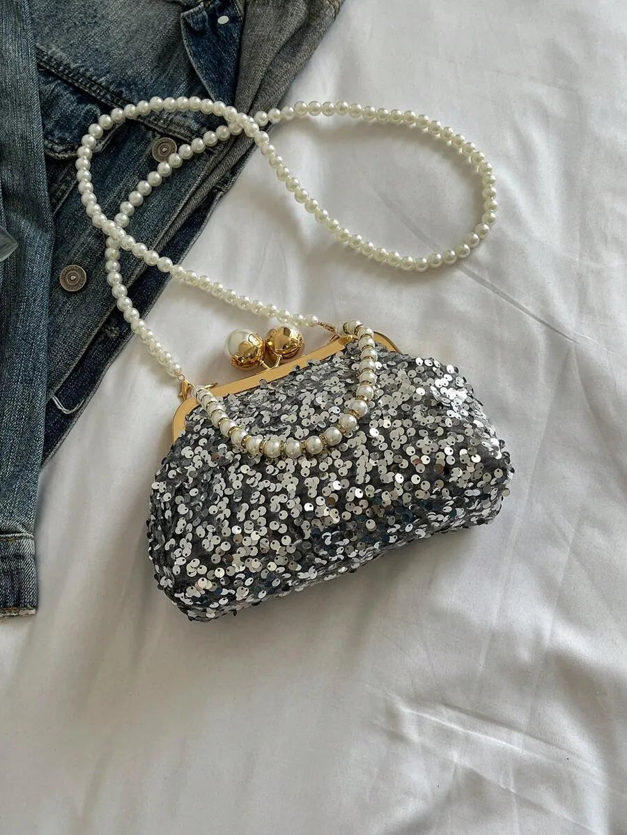 Women's Retro Green Fabric Faux Pearl Chain Clutch Bag Versatile Elegant Shoulder Handbag Party Daily Use Fashion Pearl Purse For Ladies