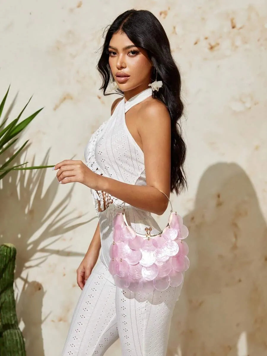 Women's Top Handle Bag With Metal Shell Decor Fashion Elegant Versatile Personalized Shoulder Purse Casual Beach Vacation Holiday Outfit