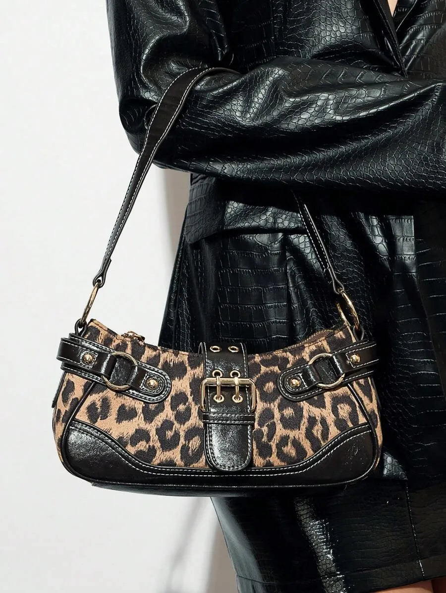 Women's Leopard Print Patchwork PU Shoulder Bag Street Style Fashion Purse Commuter Leopard Handbag Animal Print Outfit Casual Chic Bag
