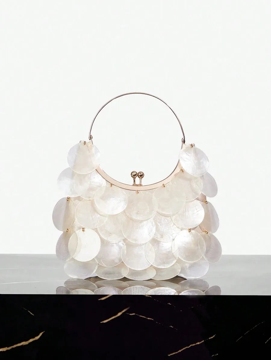 Women's Top Handle Bag With Metal Shell Decor Fashion Elegant Versatile Personalized Shoulder Purse Casual Beach Vacation Holiday Outfit