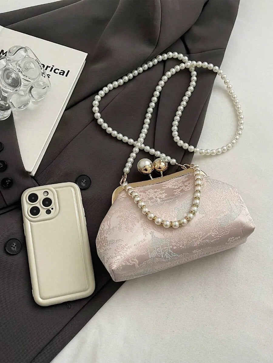 Women's Retro Green Fabric Faux Pearl Chain Clutch Bag Versatile Elegant Shoulder Handbag Party Daily Use Fashion Pearl Purse For Ladies