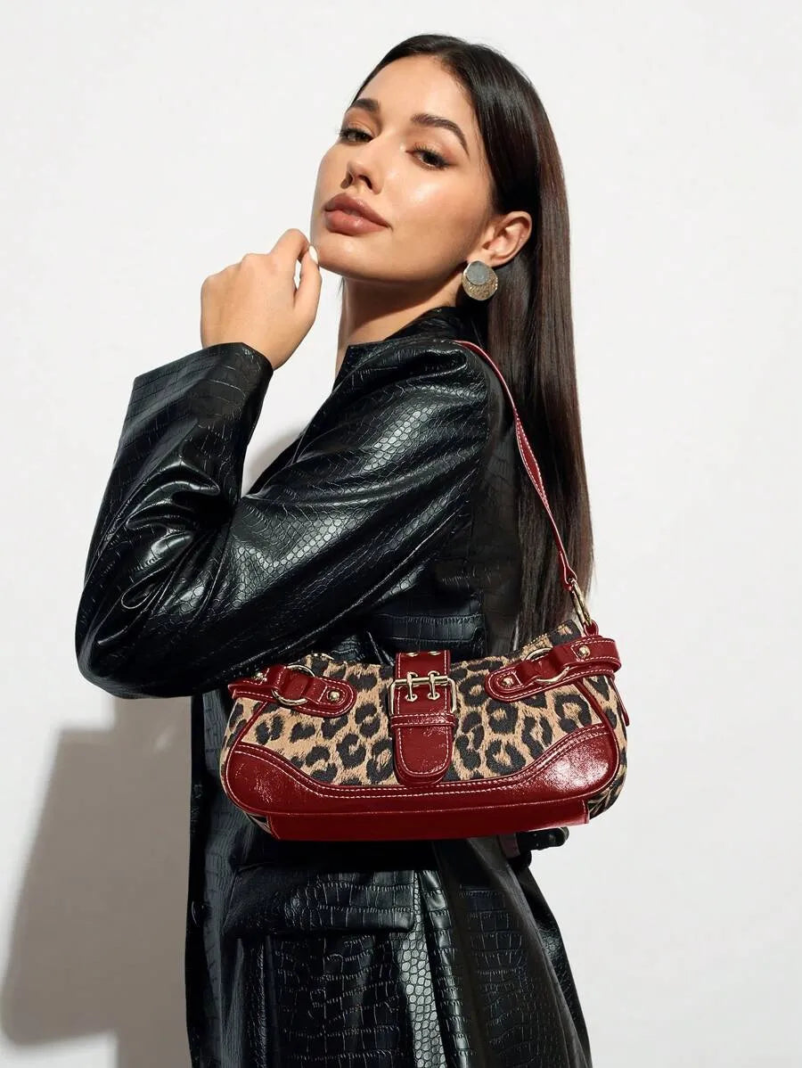 Women's Leopard Print Patchwork PU Shoulder Bag Street Style Fashion Purse Commuter Leopard Handbag Animal Print Outfit Casual Chic Bag