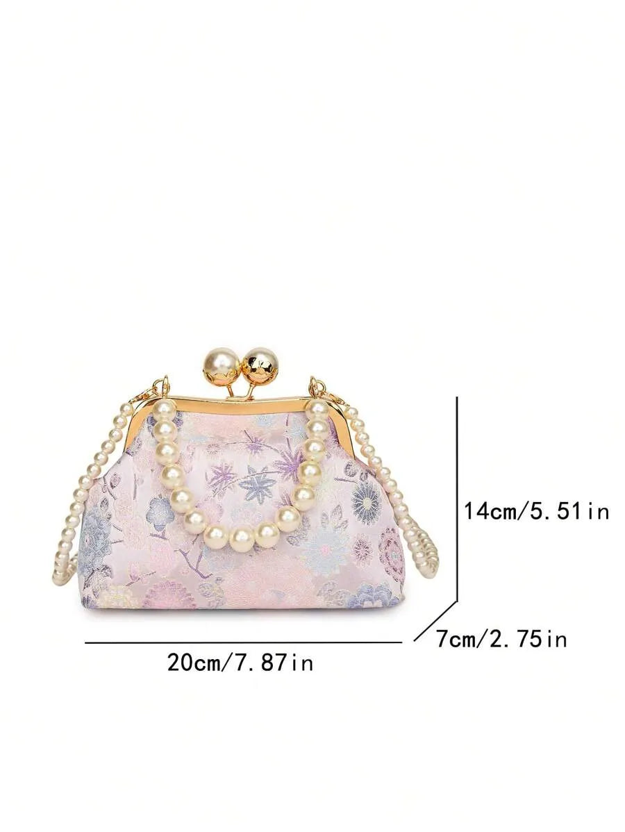 Women's Retro Green Fabric Faux Pearl Chain Clutch Bag Versatile Elegant Shoulder Handbag Party Daily Use Fashion Pearl Purse For Ladies